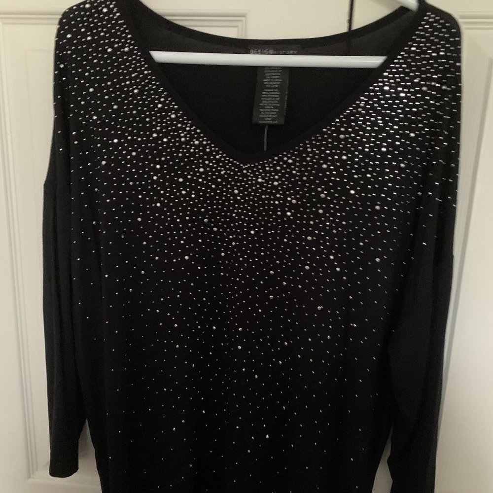 Design History Long Sleeve Black Silver Beaded V Neck Shirt  NWT